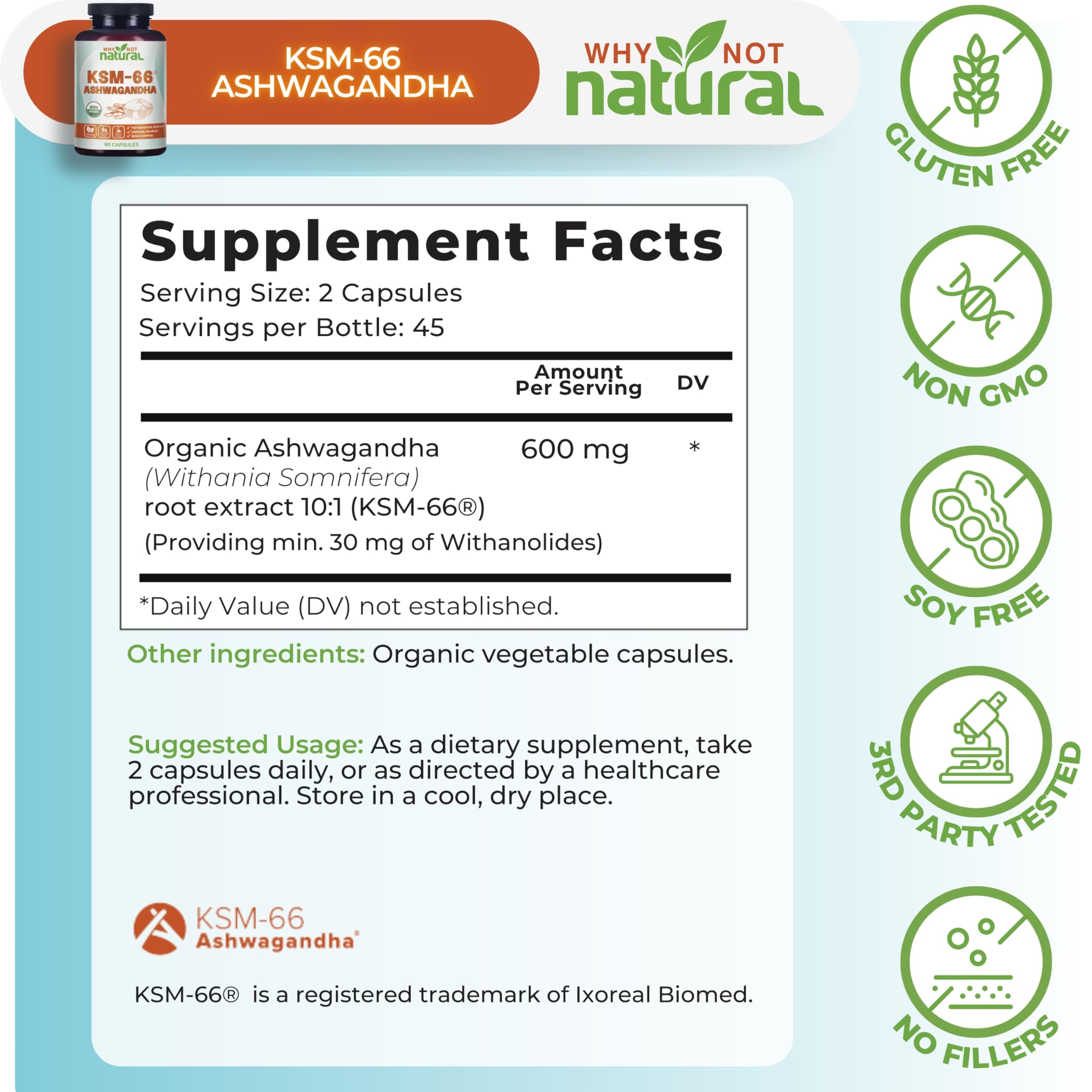 Why Not Natural Ashwagandha KSM66 label close-up shows purity and strength.