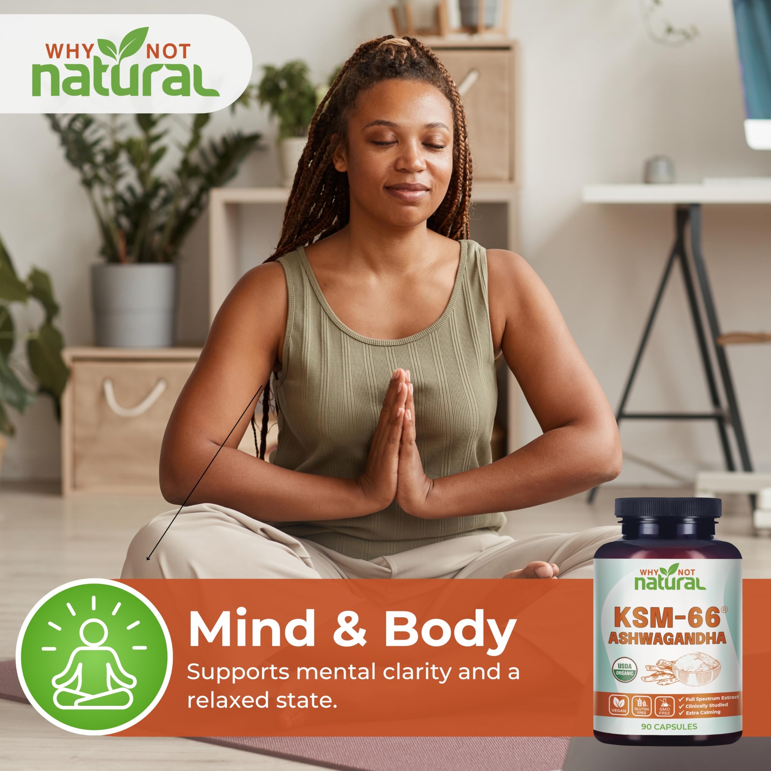 Why Not Natural Ashwagandha KSM66 packaging on a clean shelf.