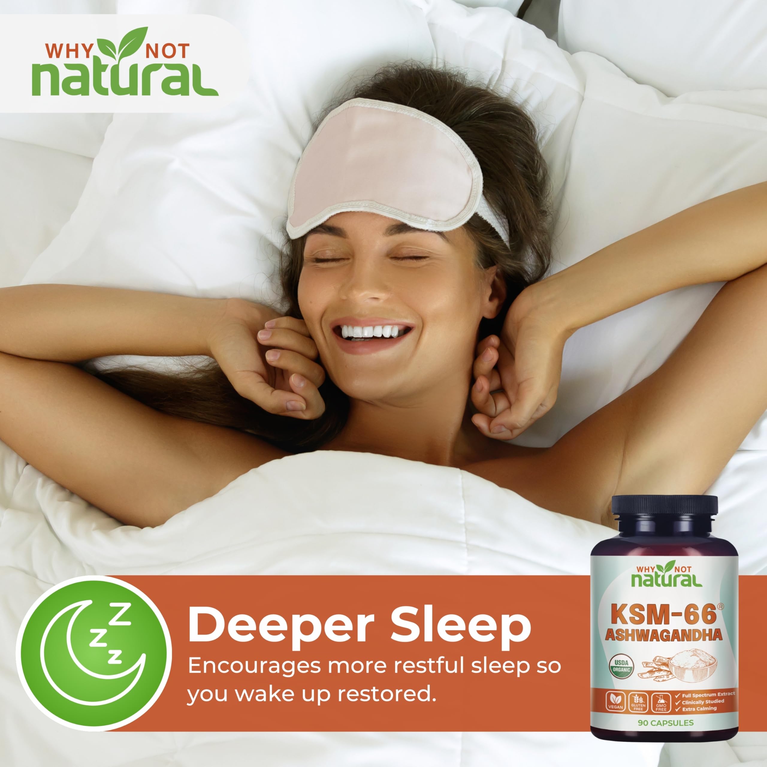 Why Not Natural Ashwagandha KSM66 supplement facts panel visible.