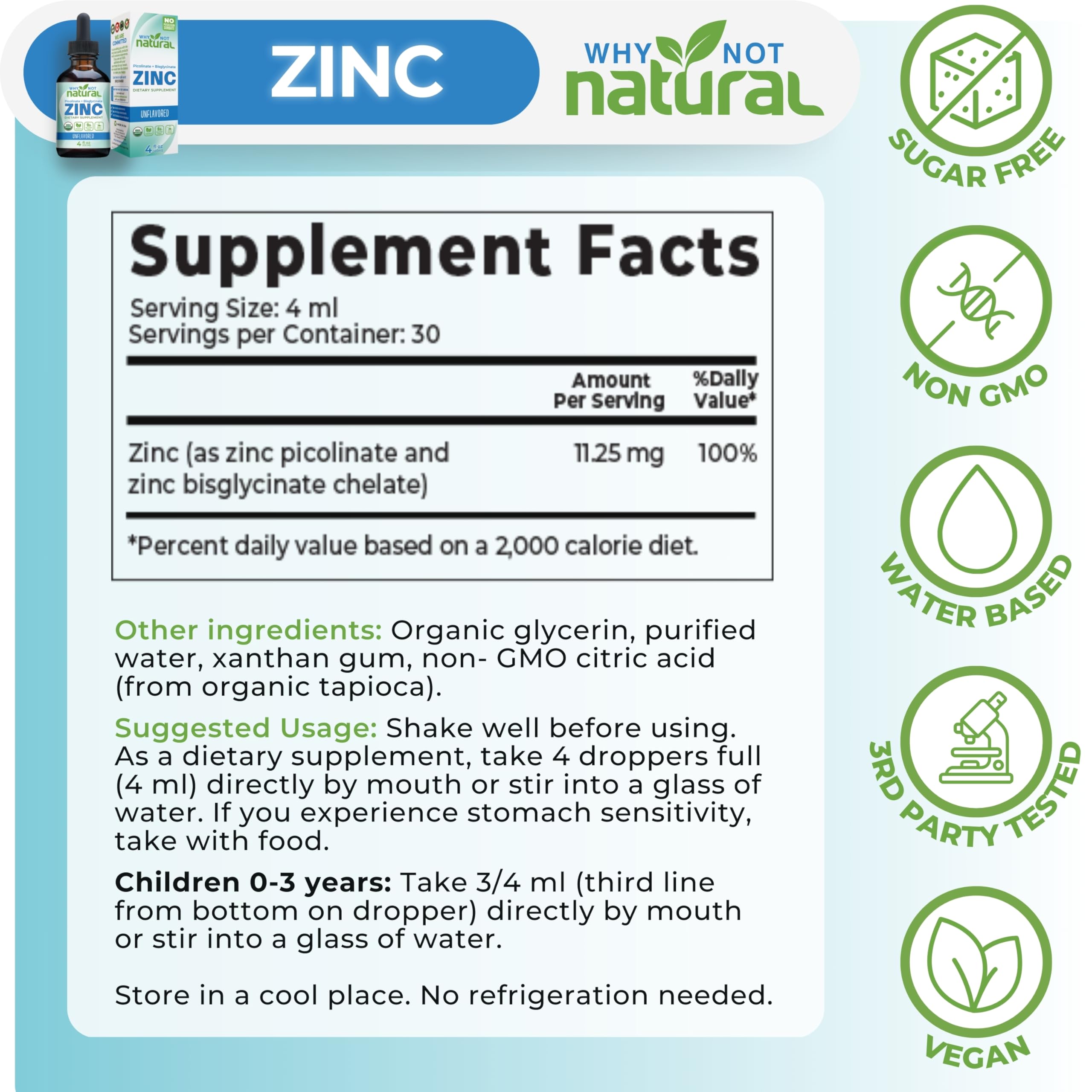 Why Not Natural Organic Liquid Zinc Drops label close-up highlighting well-absorbed chelated zinc