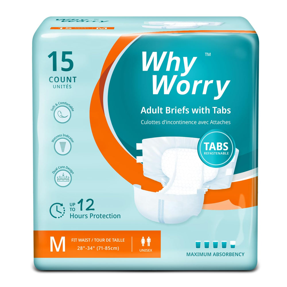 WhyWorry adult diapers with tabs open for easy adjustments and secure daily wear.
