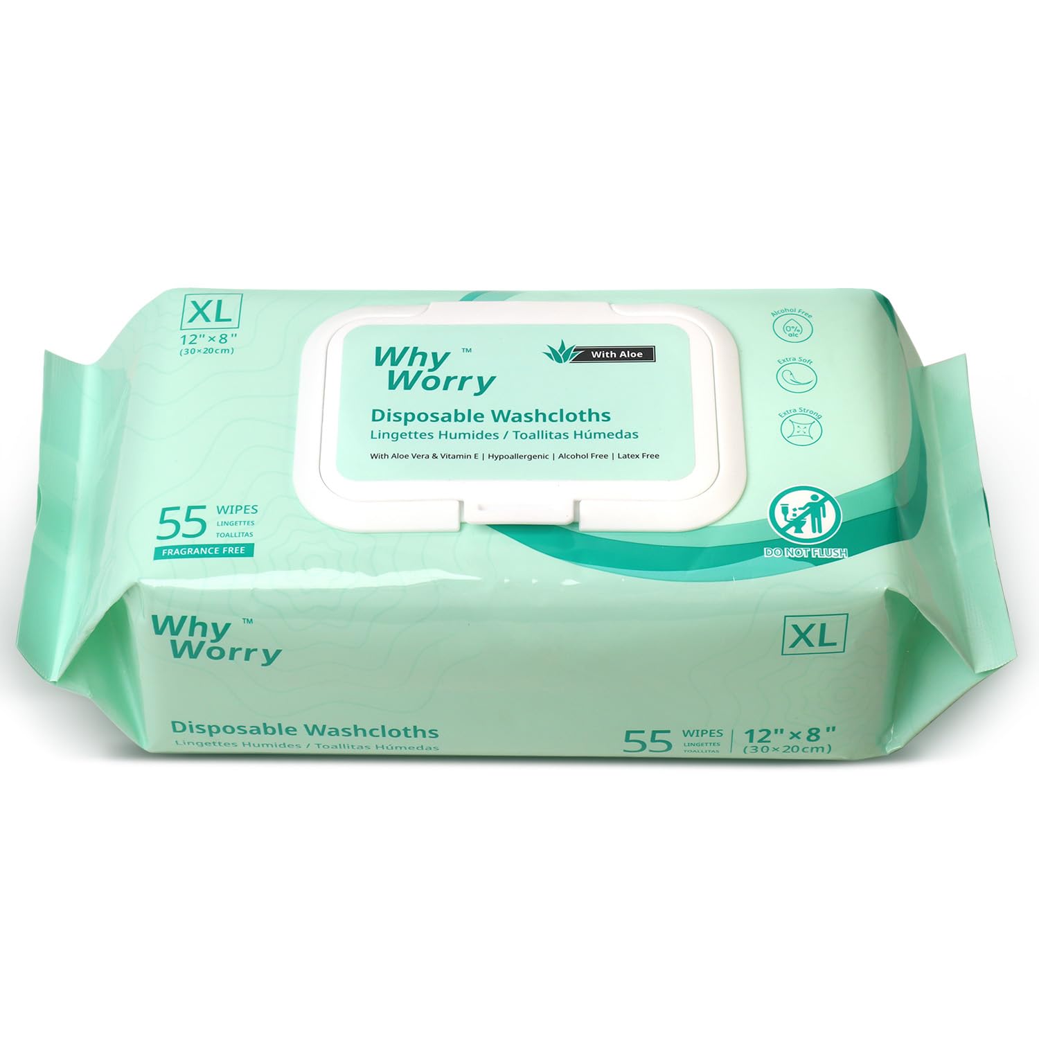 WhyWorry wet wipes 8x12 pack for easy, rinse-free full-body cleansing.