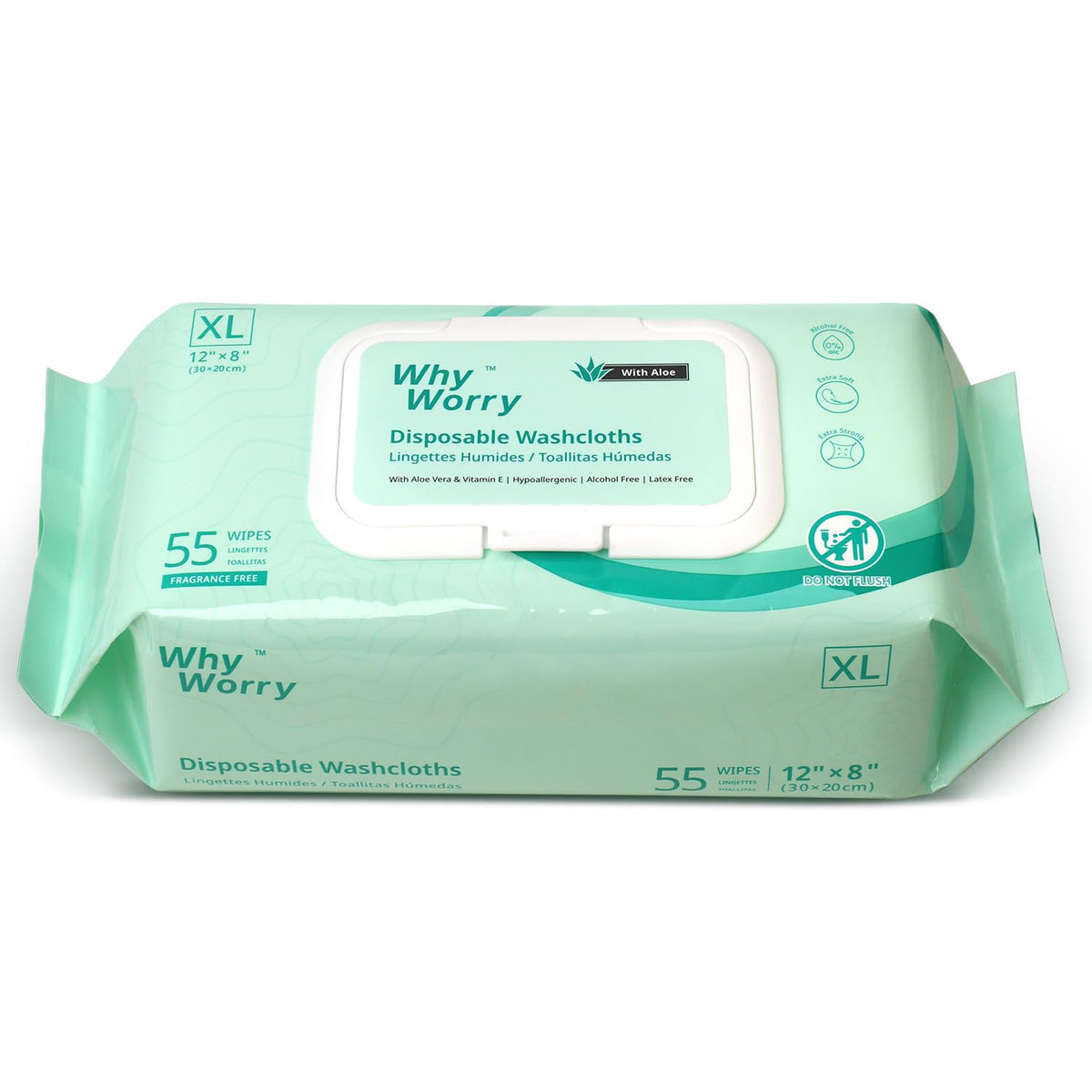 WhyWorry wet wipes 8x12 pack for easy, rinse-free full-body cleansing.