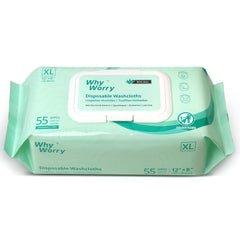 WhyWorry wet wipes 8x12 pack for easy, rinse-free full-body cleansing.