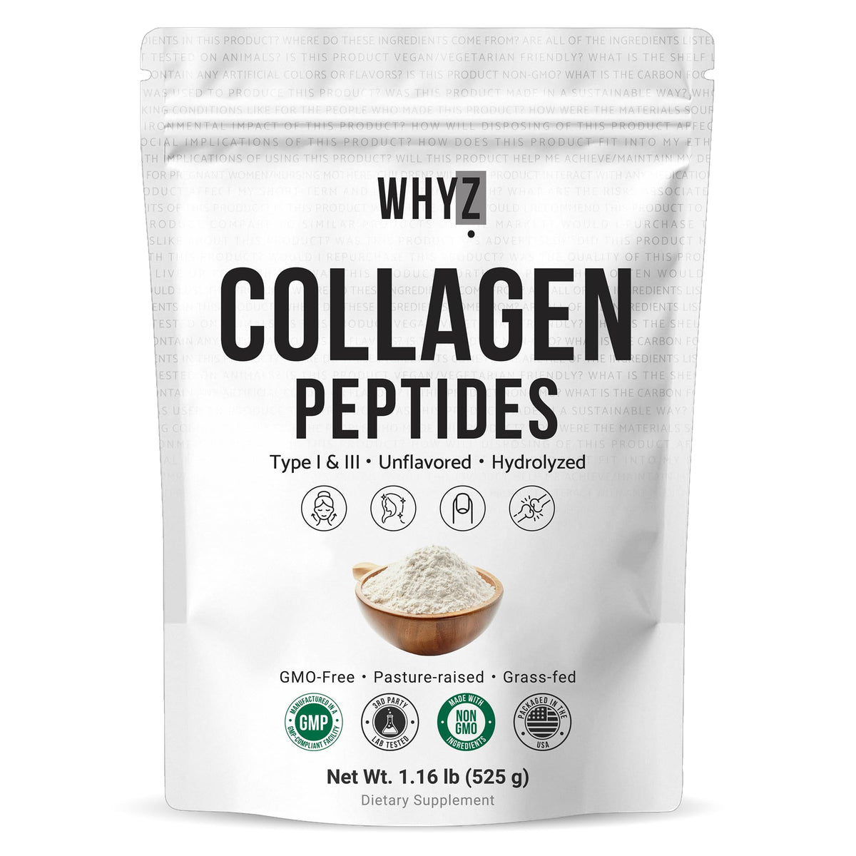 WHYZ bovine collagen powder jar blends easily into drinks and recipes