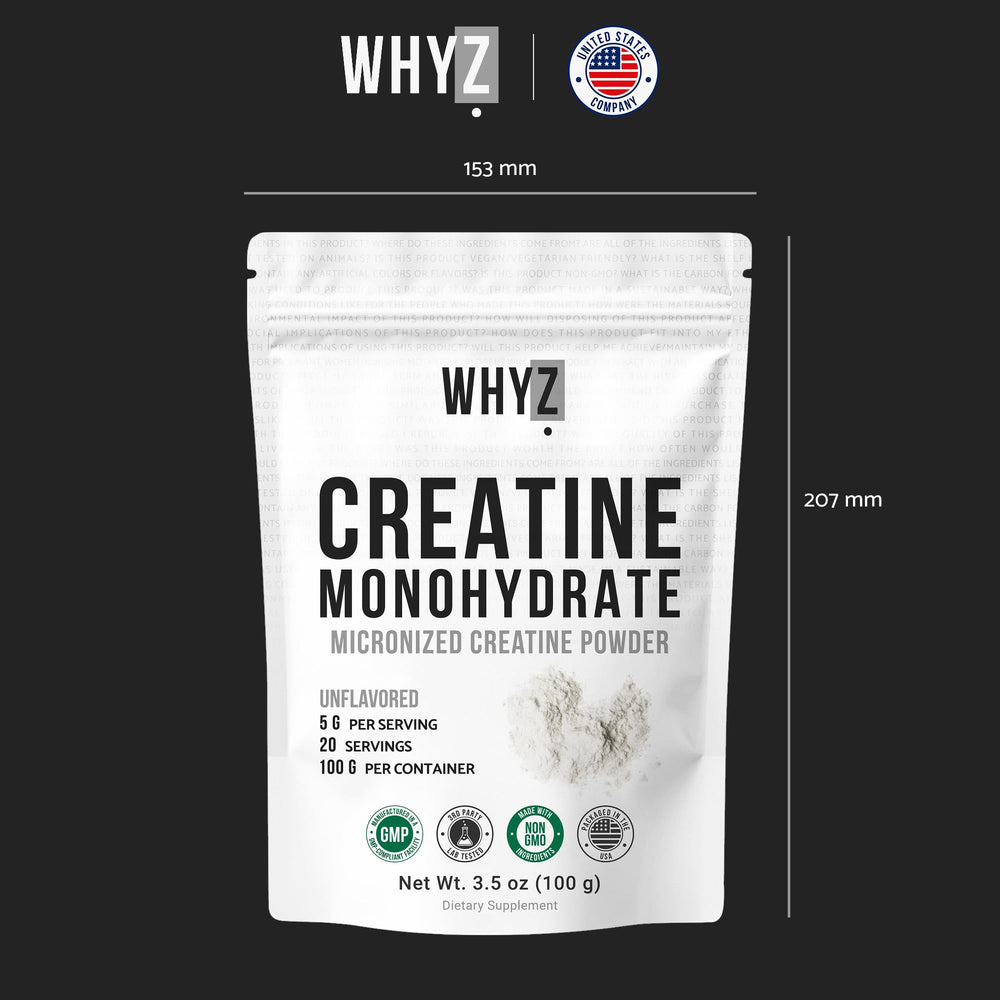 WHYZ Creatine label highlights unflavored formula for versatile use