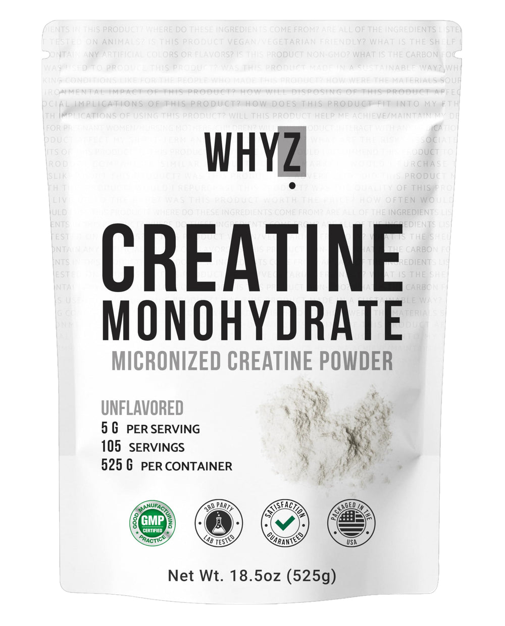 WHYZ Creatine Monohydrate Powder bottle shown for easy mixing before workouts.