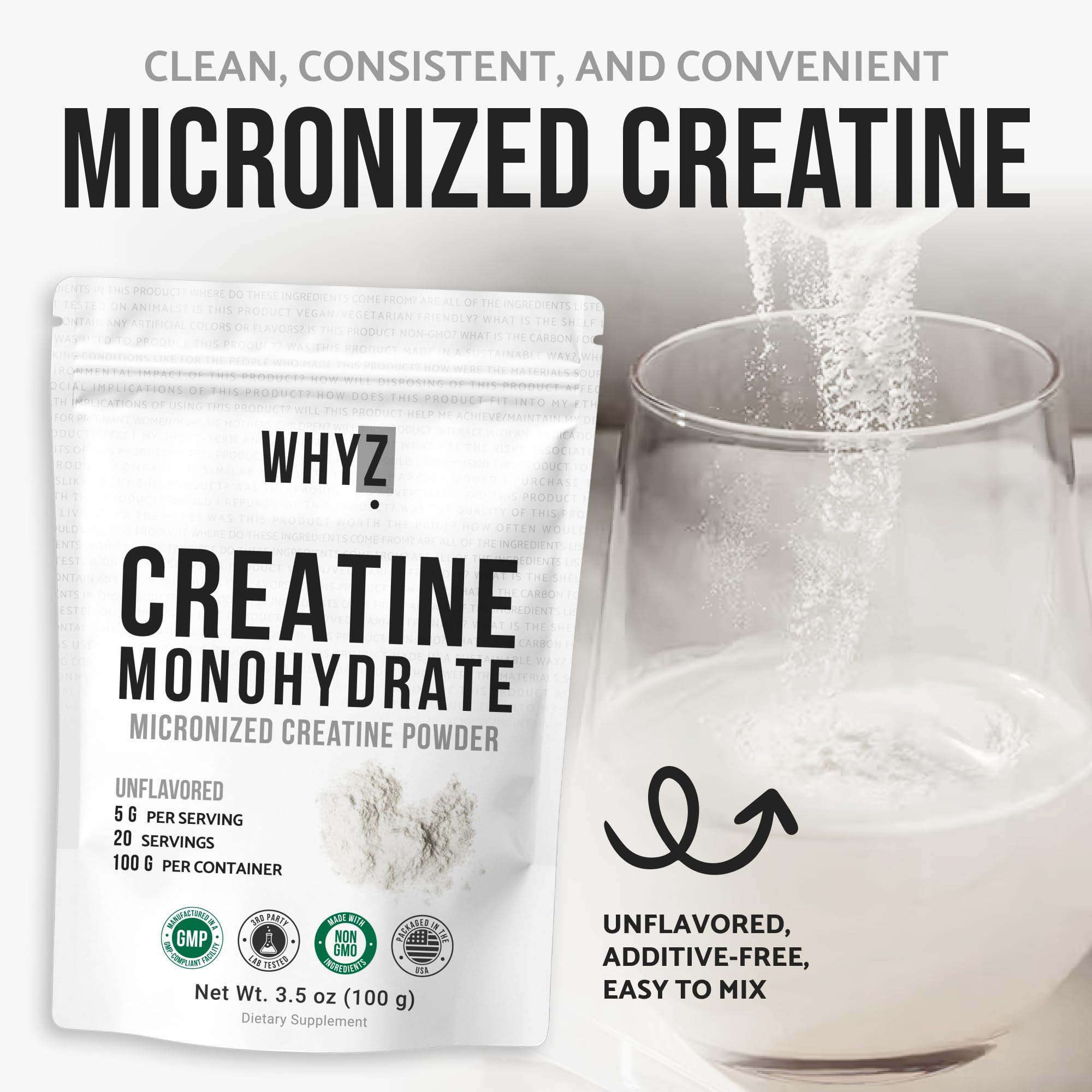 WHYZ Creatine scoop beside the tub for convenient serving