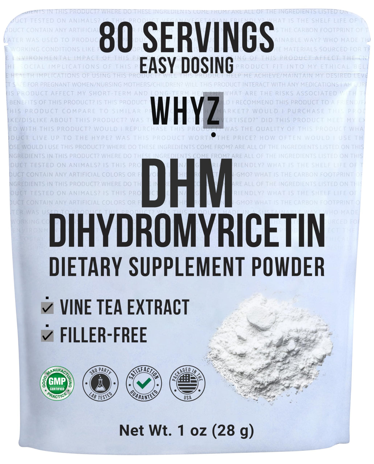 WHYZ DHM powder bottle front showcases a premium plant-based supplement for daily wellness.