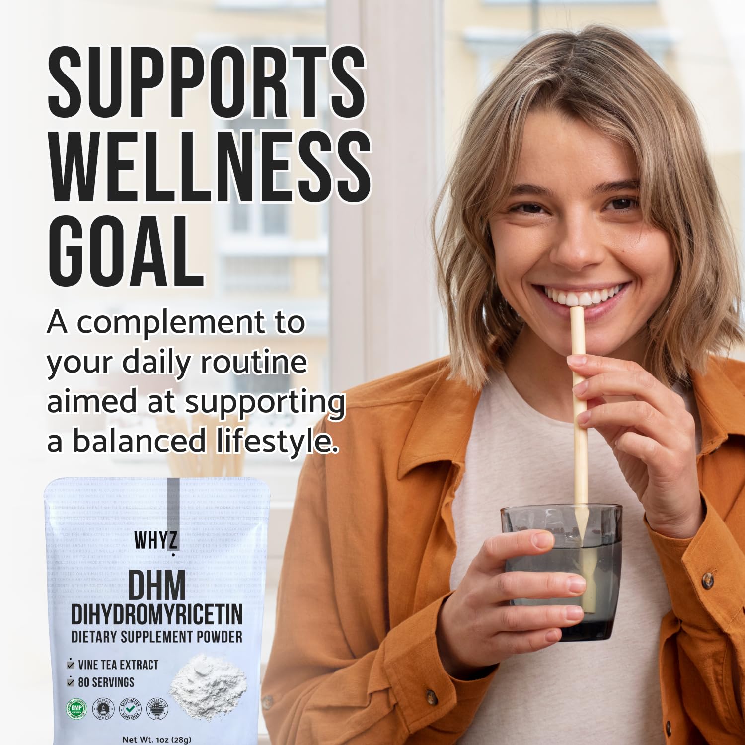 WHYZ DHM powder in water glass demonstrates quick hydration and balance.