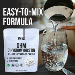 WHYZ DHM powder label closeup emphasizes natural plant-based formula.