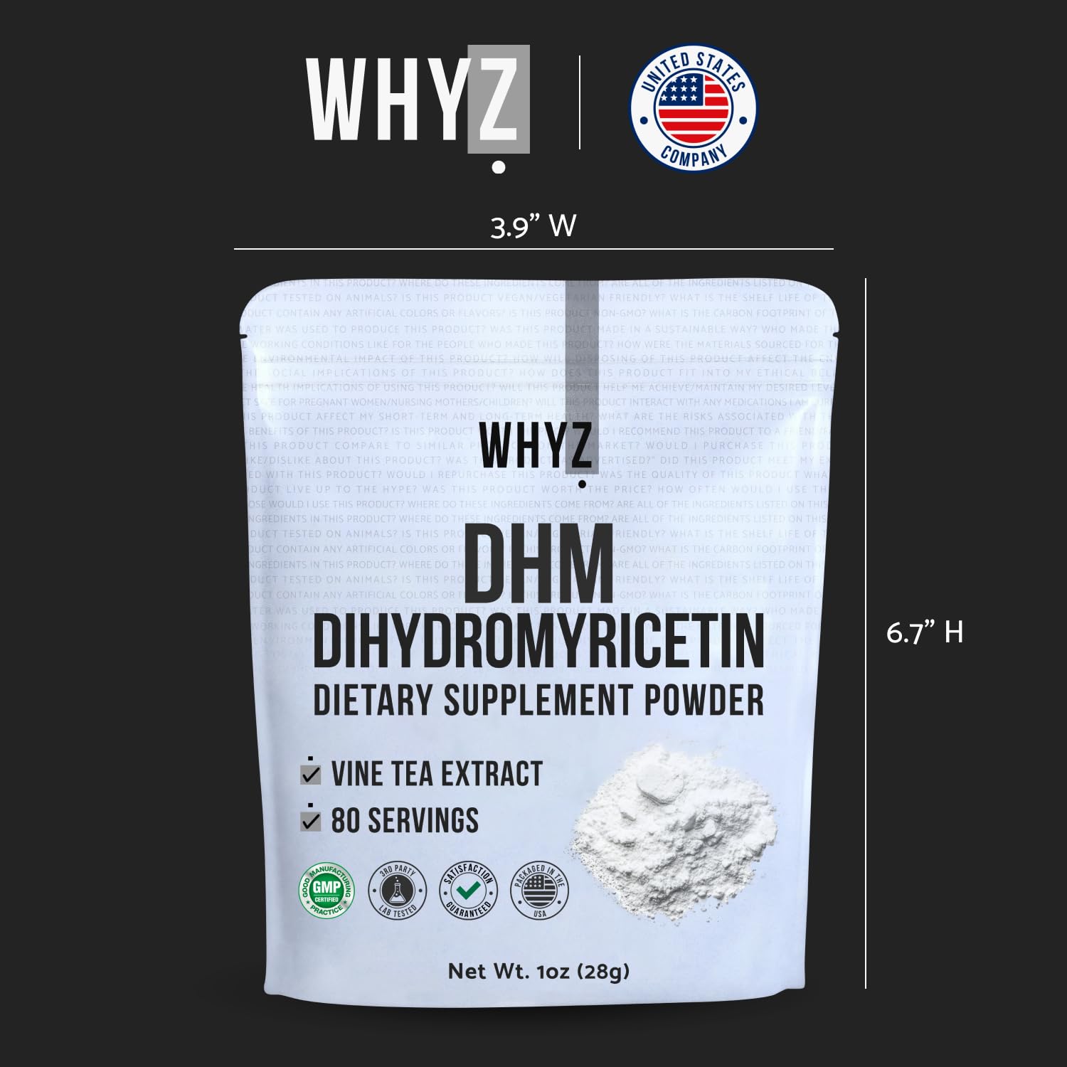 WHYZ DHM powder pouch open highlights sustainable packaging and ready-to-use powder.