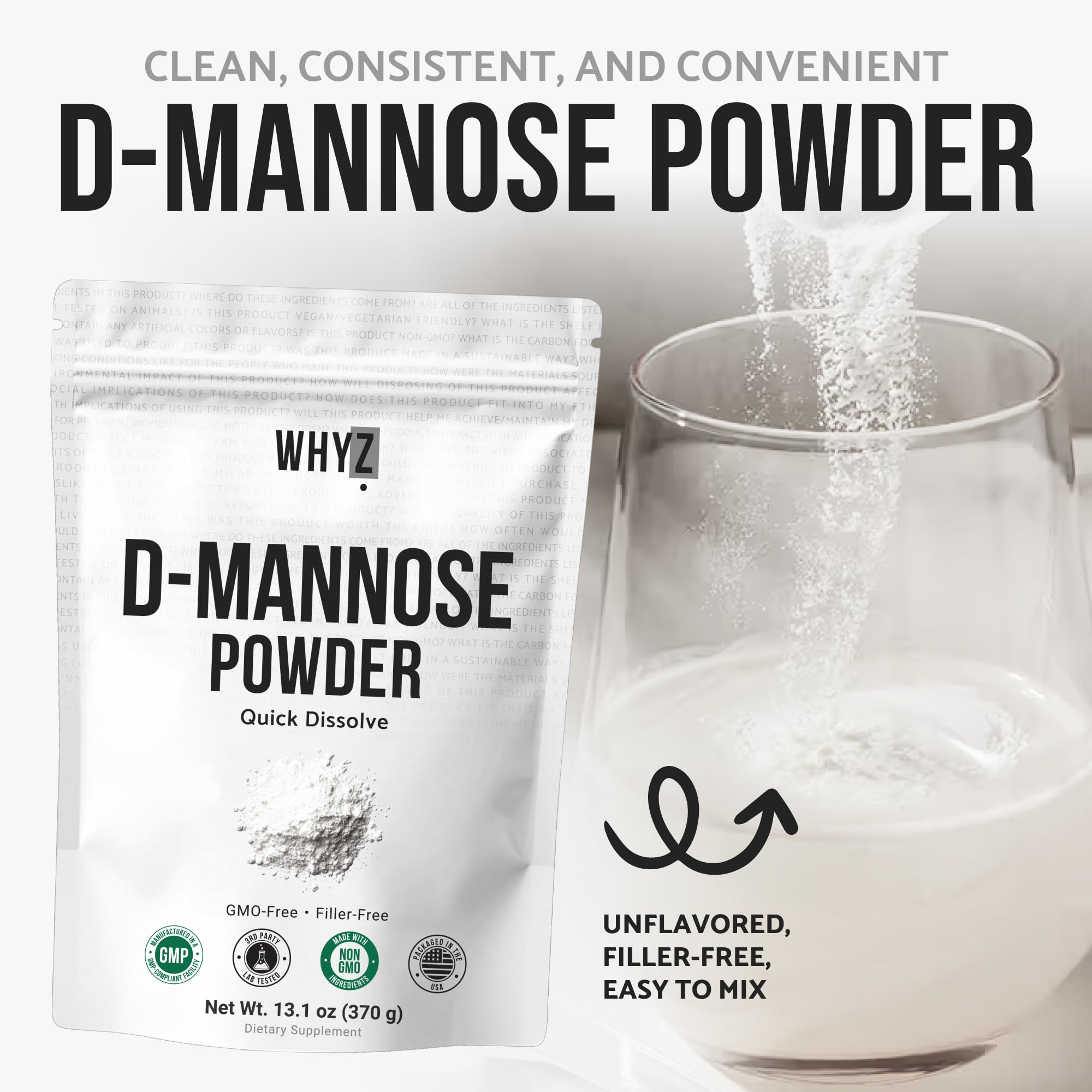 WHYZ D-Mannose ingredients show non-GMO and allergen-free