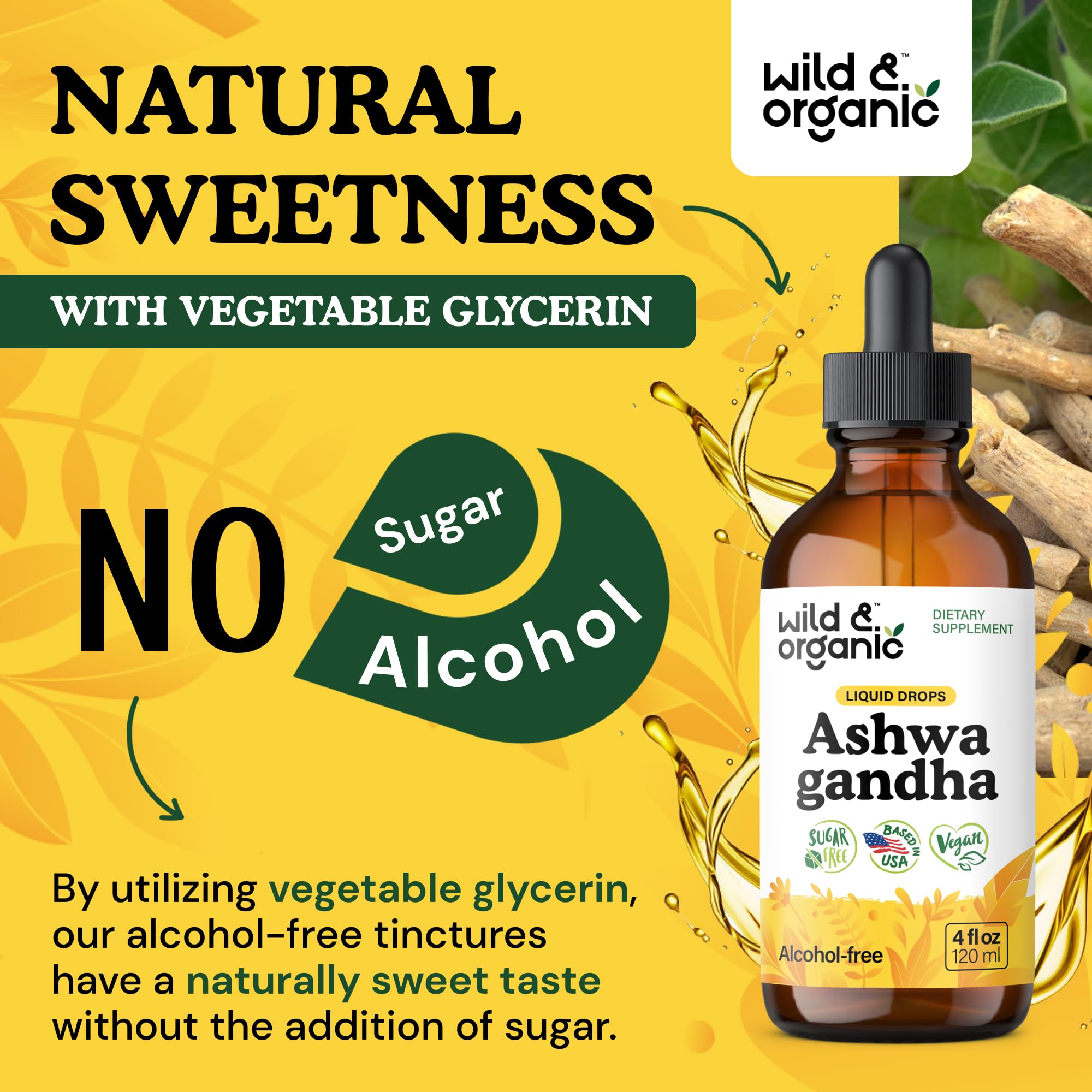 Alcohol-free glycerin tincture in Wild & Organic Ashwagandha Drops.