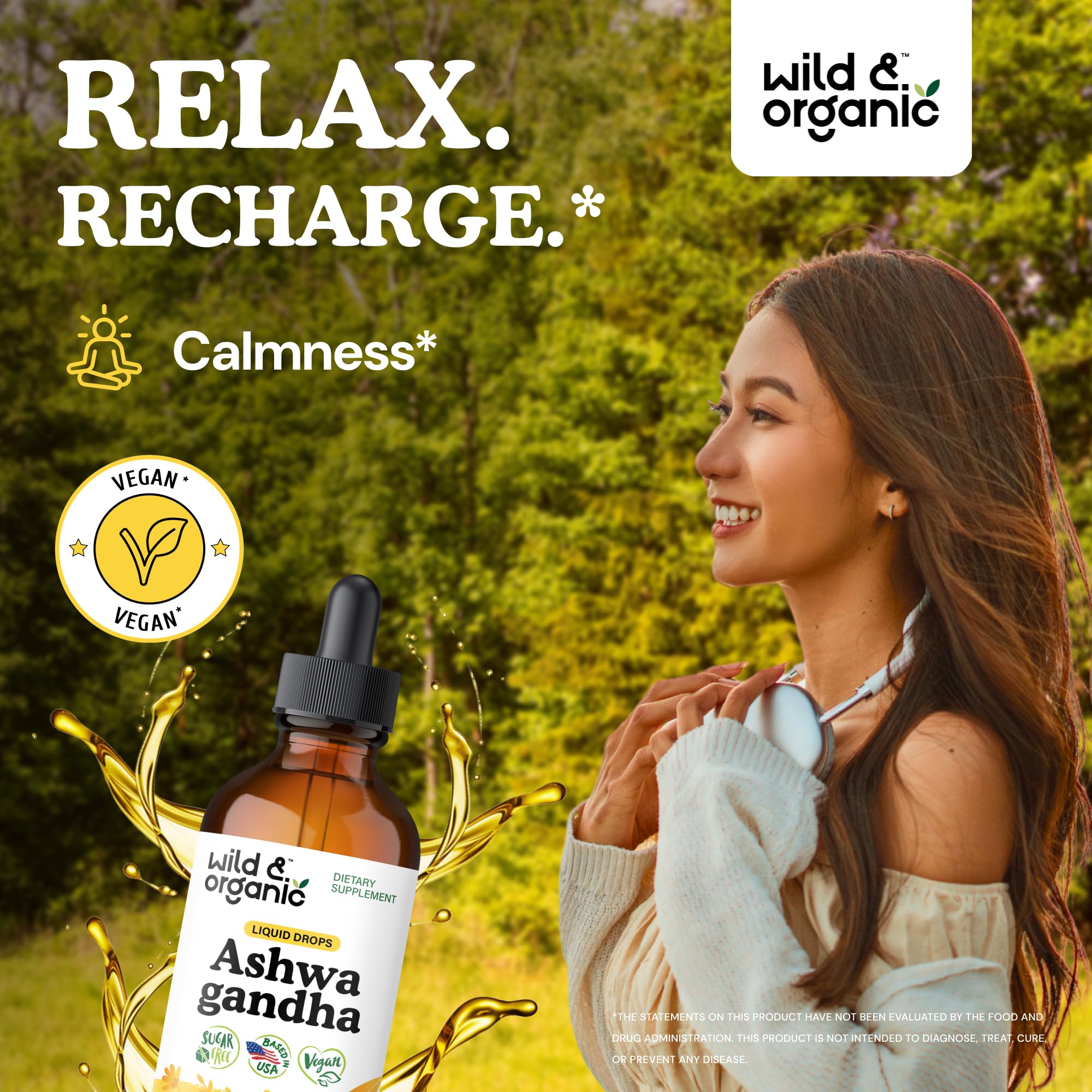 Dropper pouring Wild & Organic Ashwagandha Drops for quick calm.