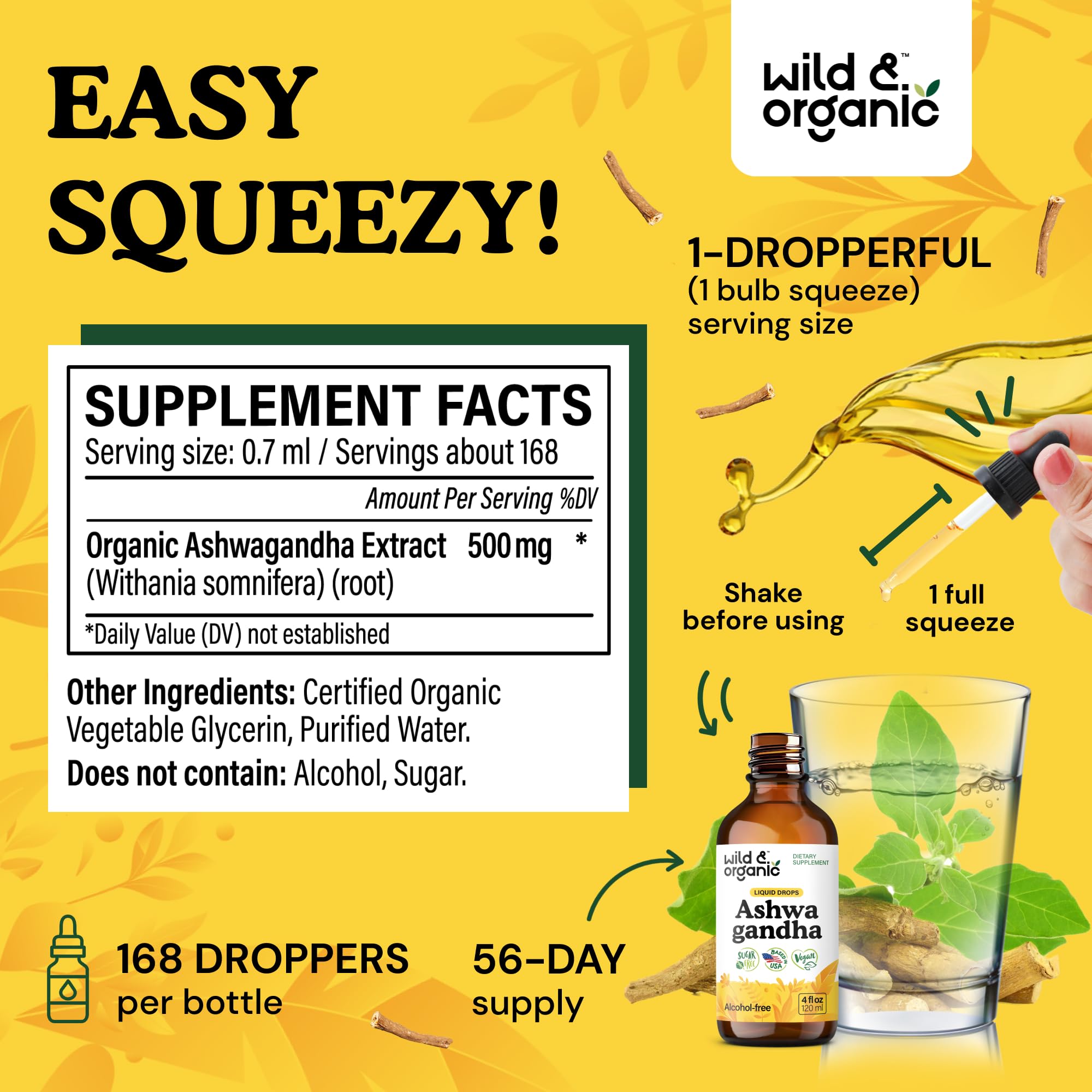 Wild & Organic Ashwagandha Drops label shows vegan, GMO-free ingredients.