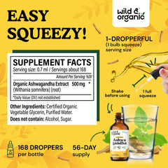 Wild & Organic Ashwagandha Drops label shows vegan, GMO-free ingredients.