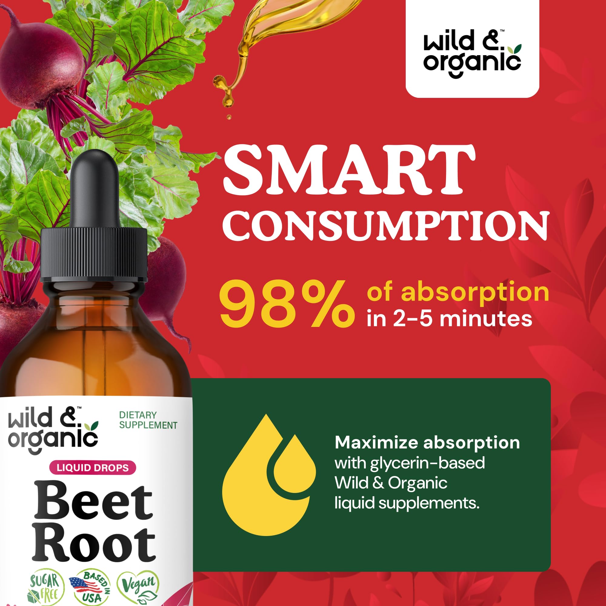 Ingredient icons illustrate natural, GMO-free, alcohol-free composition supporting clean supplements