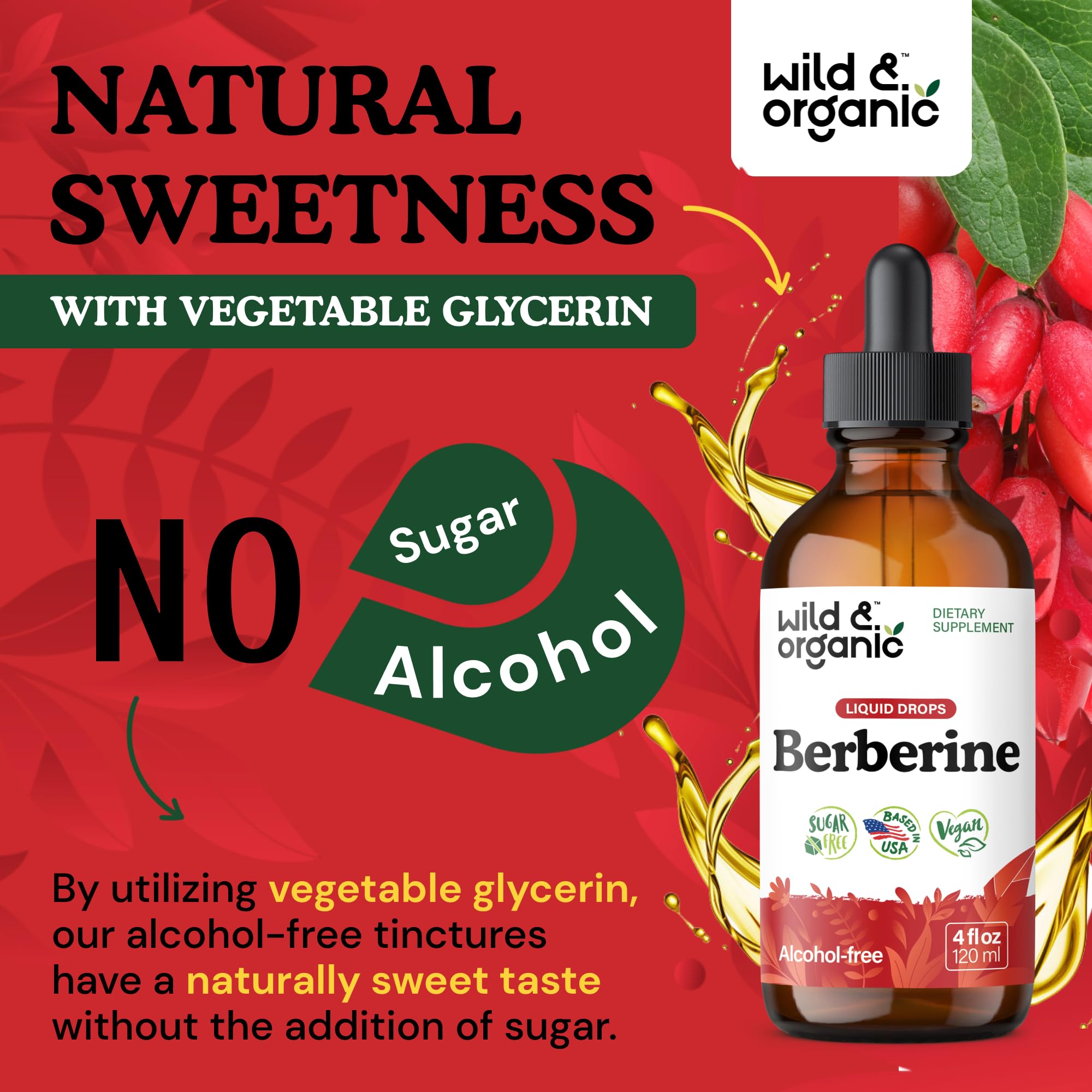 Vegan formula badge near label communicates GMO-free, additive-free quality.