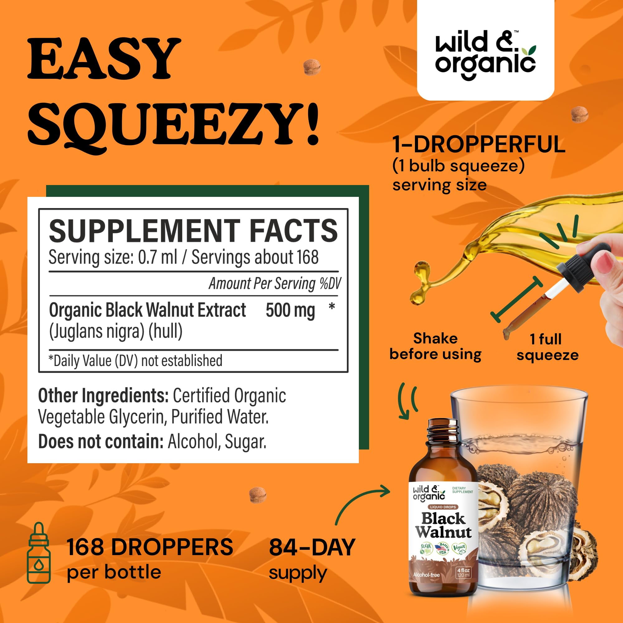 Wild & Organic Black Walnut Hull Extract label close-up highlighting vegan, alcohol-free formula