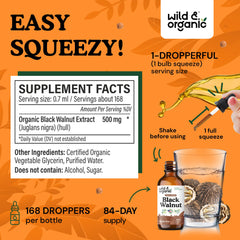 Wild & Organic Black Walnut Hull Extract label close-up highlighting vegan, alcohol-free formula