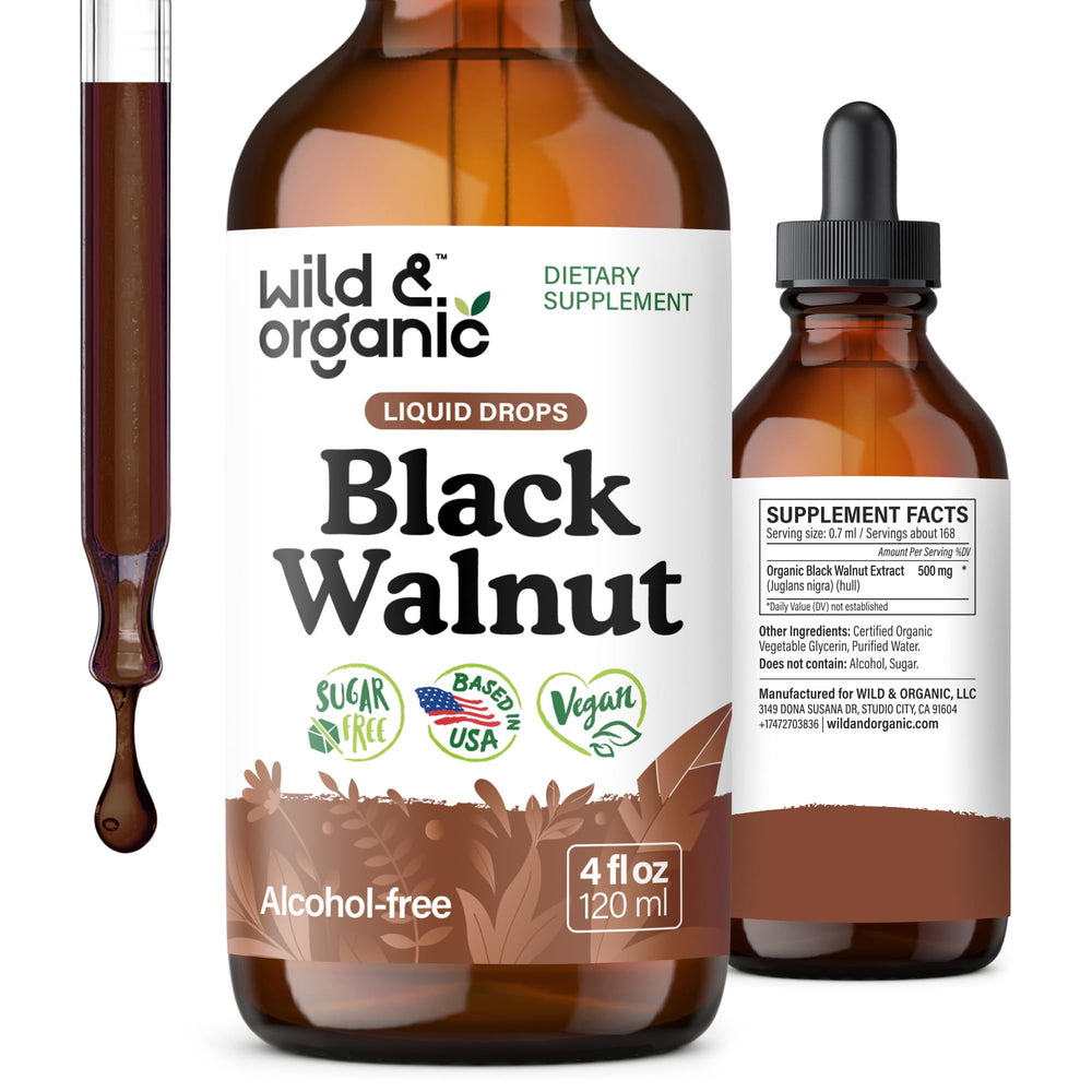 Wild & Organic Black Walnut Tincture bottle for detox and digestive support