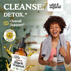 Wild & Organic Black Walnut tincture drops pouring for easy daily dosing