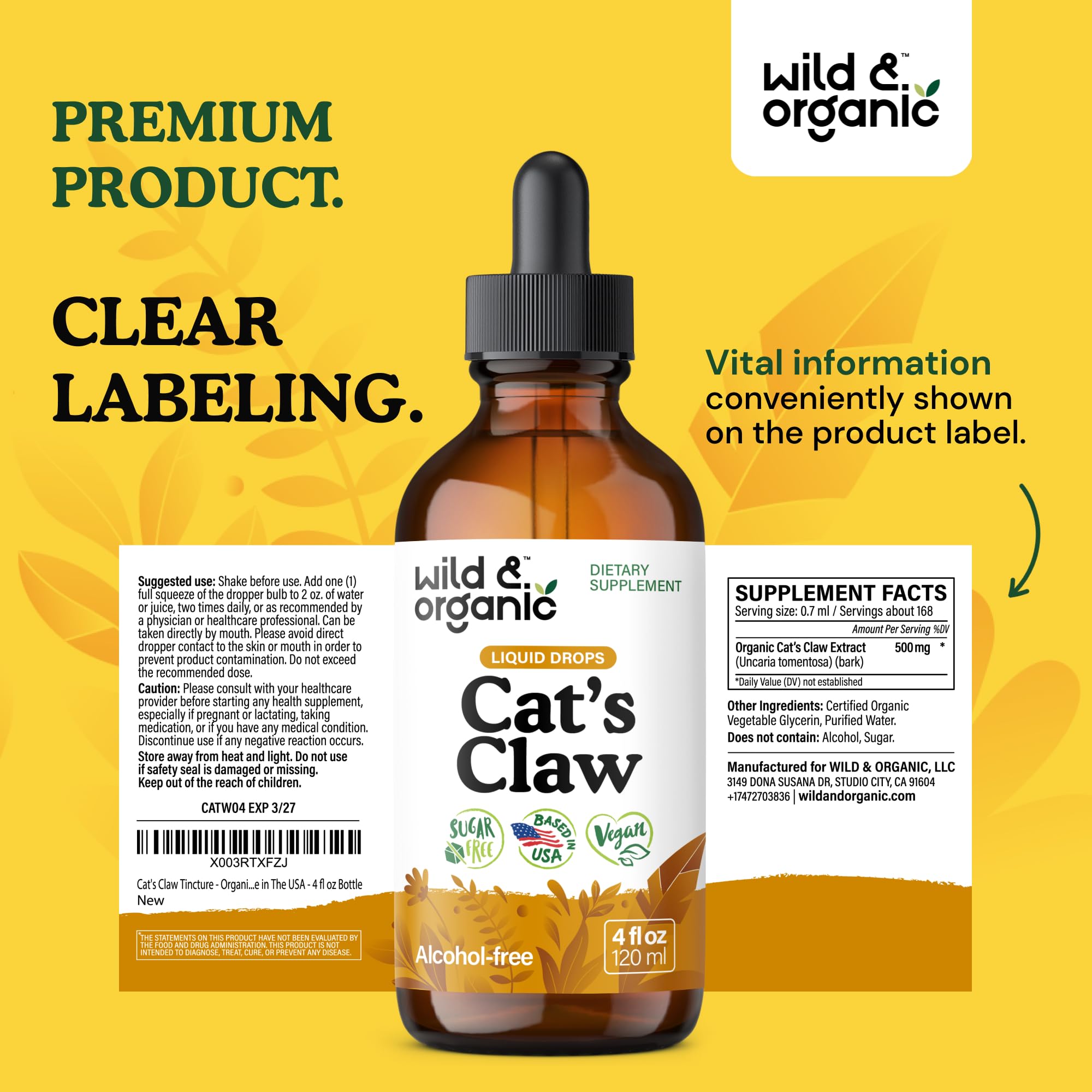 Wild & Organic Cats Claw tincture on desk for everyday use