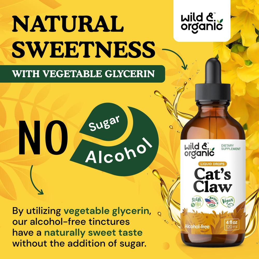 Ingredient panel on Wild & Organic Cats Claw tincture bottle