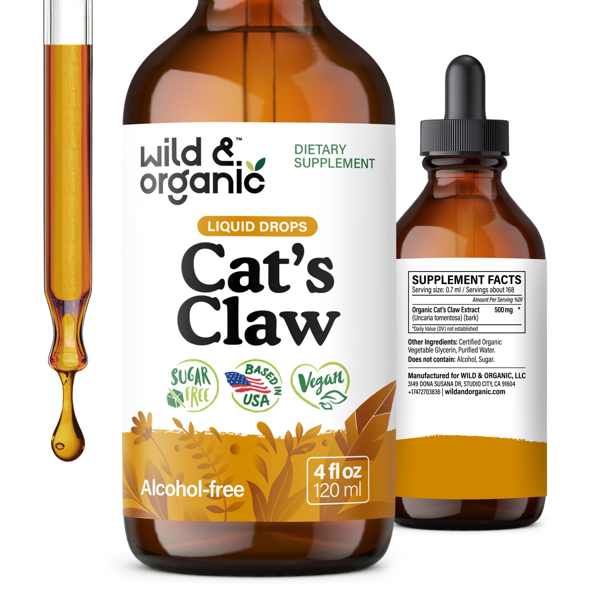 Wild & Organic Cats Claw tincture bottle with dropper for immune support