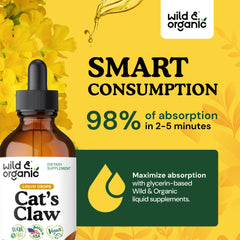 Wild & Organic Cats Claw tincture shows glycerin-based, naturally sweet formula