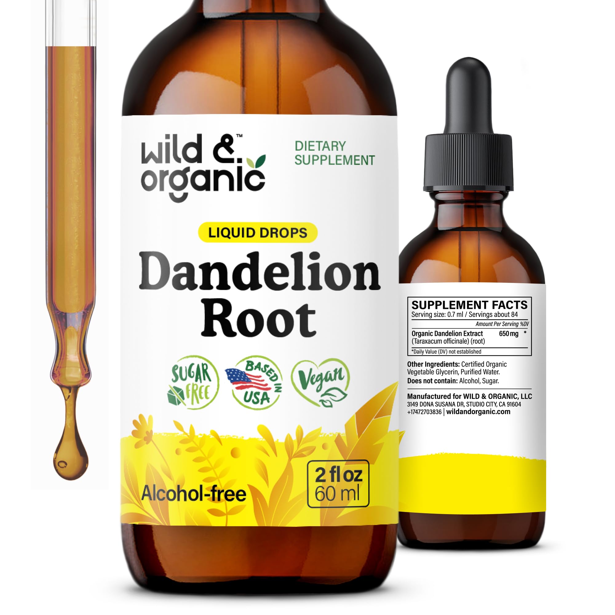 Wild & Organic dandelion root supplement bottle showcases liver-support tincture.