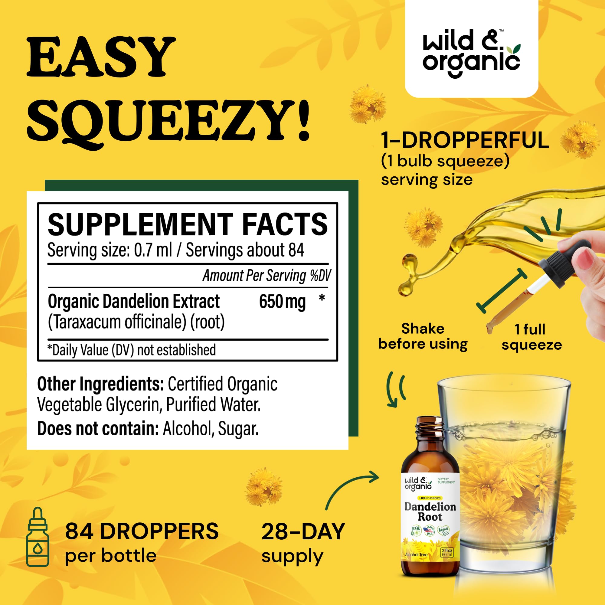 Wild & Organic bottle close-up shows 650 mg per serving for daily liver support.