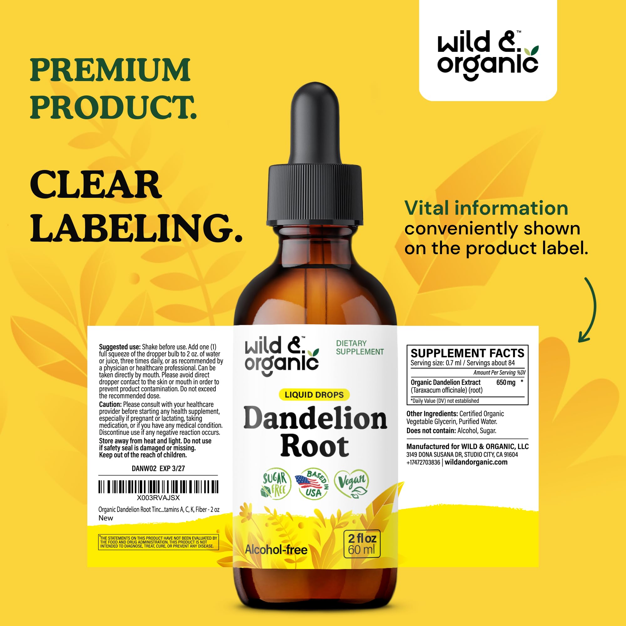 Wild & Organic glycerin-based bottle highlights alcohol-free, easy-to-digest format.