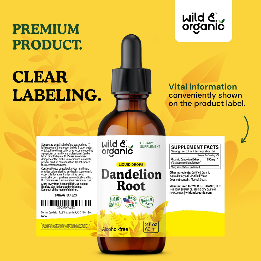 Wild & Organic glycerin-based bottle highlights alcohol-free, easy-to-digest format.