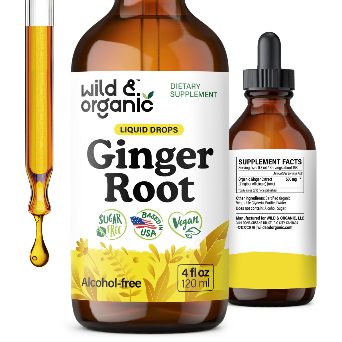 Wild and Organic ginger root extract drops bottle, 500 mg per serving, for immune support.
