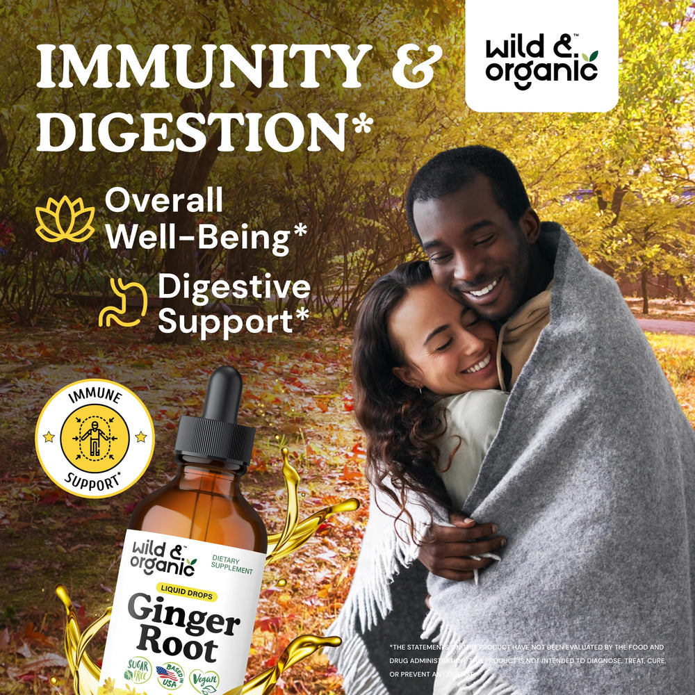 Wild and Organic ginger root extract drops with dropper, easy daily use for digestive support.