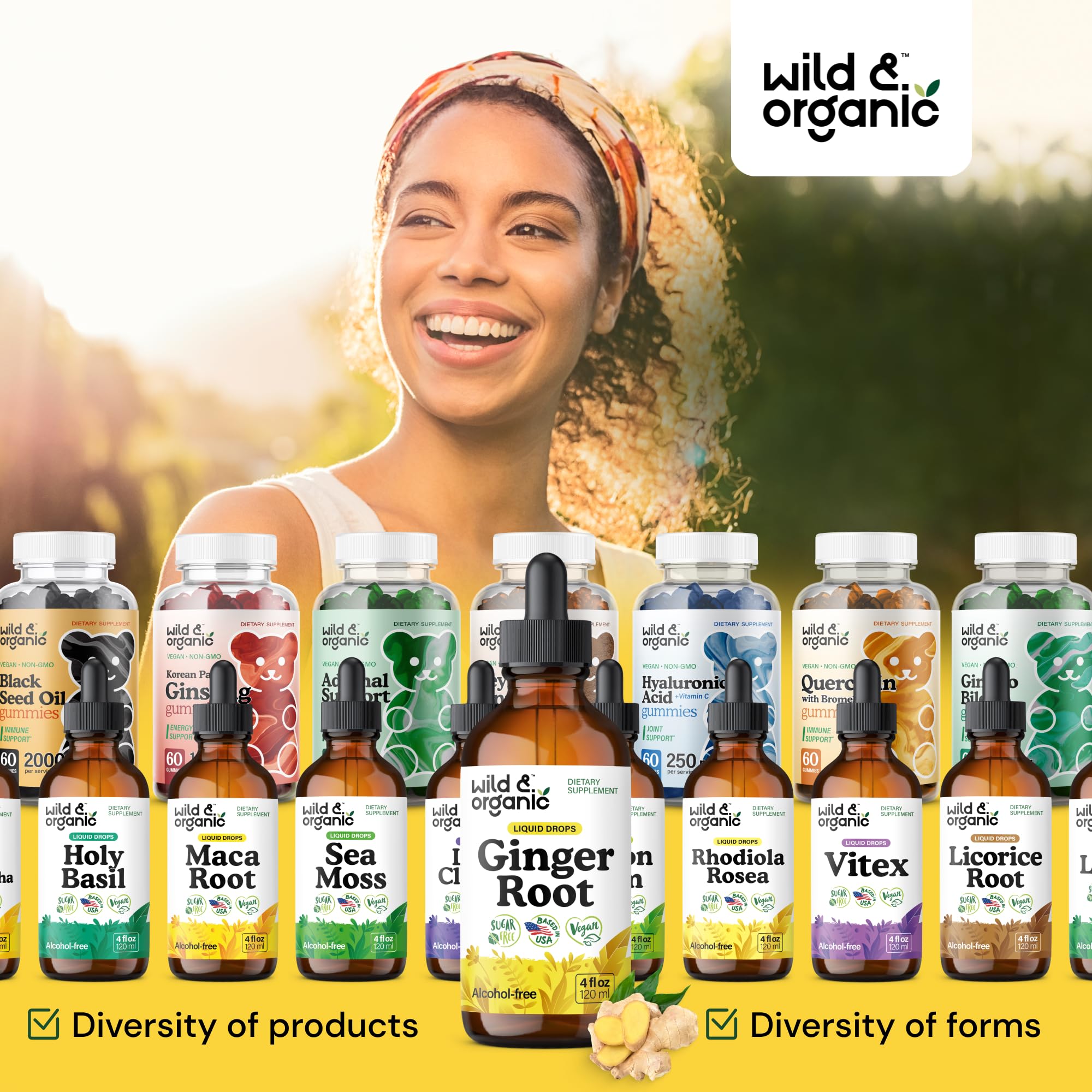 Wild and Organic ginger extract ingredient panel emphasizing natural, sugar-free sweetness from glycerin.