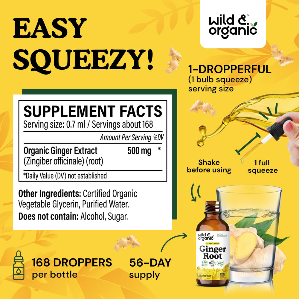 Wild and Organic ginger root extract drops poured into tea for a soothing, alcohol-free experience.