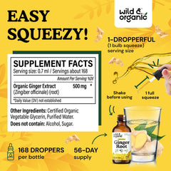 Wild and Organic ginger root extract drops poured into tea for a soothing, alcohol-free experience.