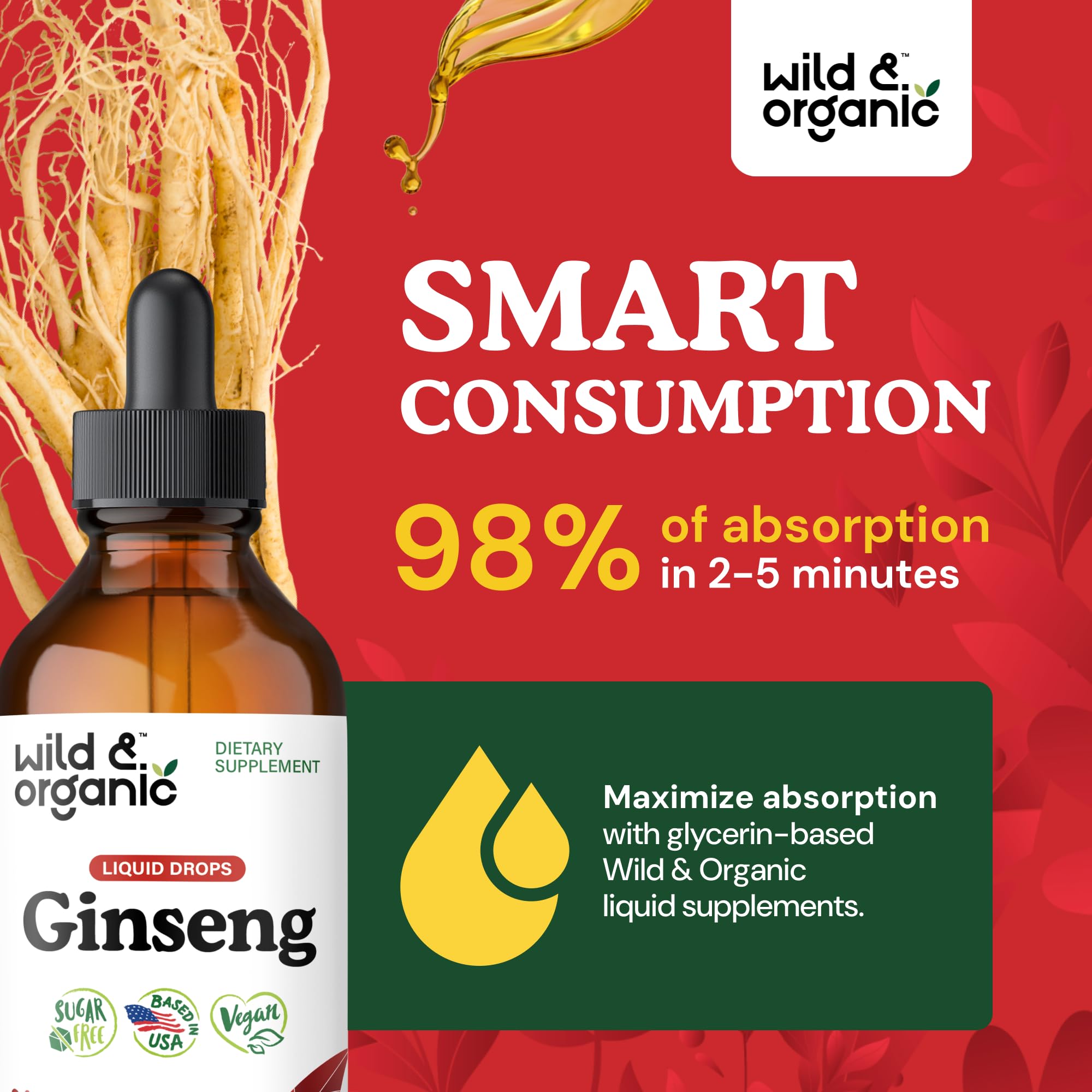 Liquid ginseng extract in glass with label visible