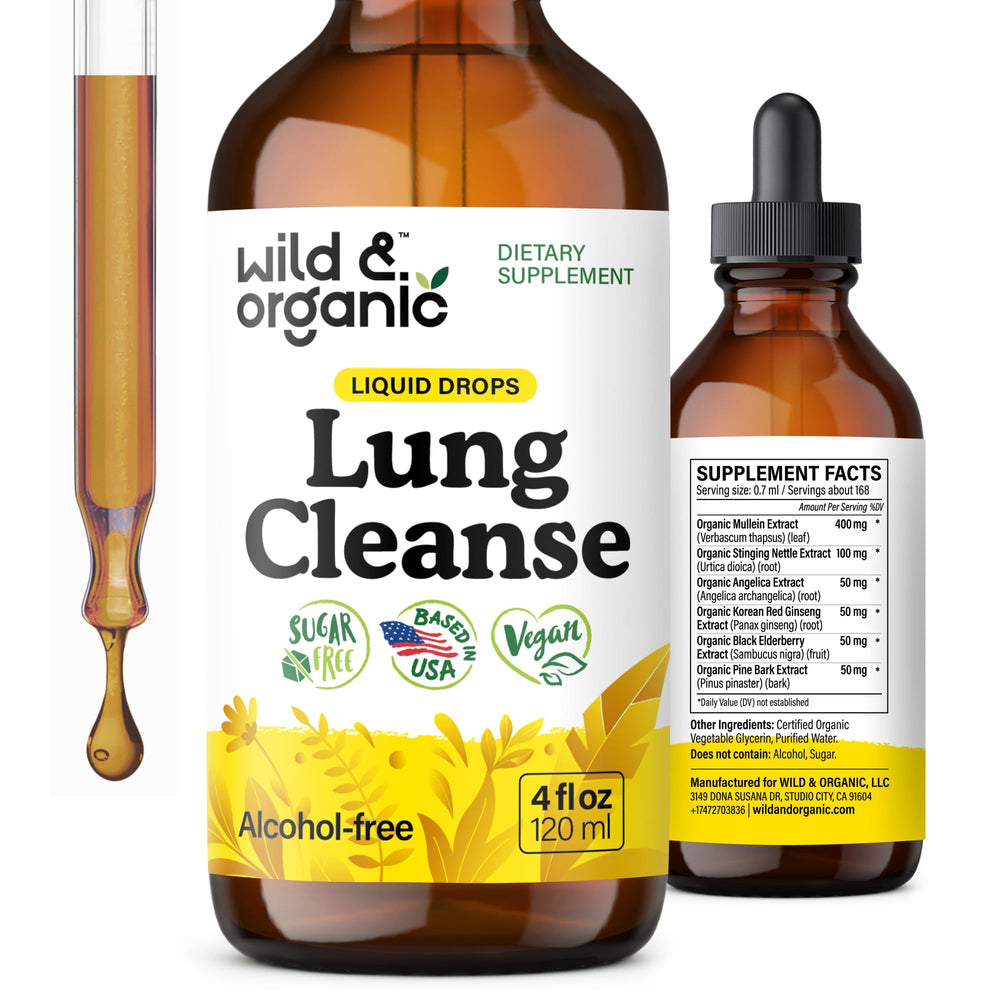 Wild & Organic Lung Cleanse Drops bottle on countertop, alcohol-free mullein tincture for daily use.