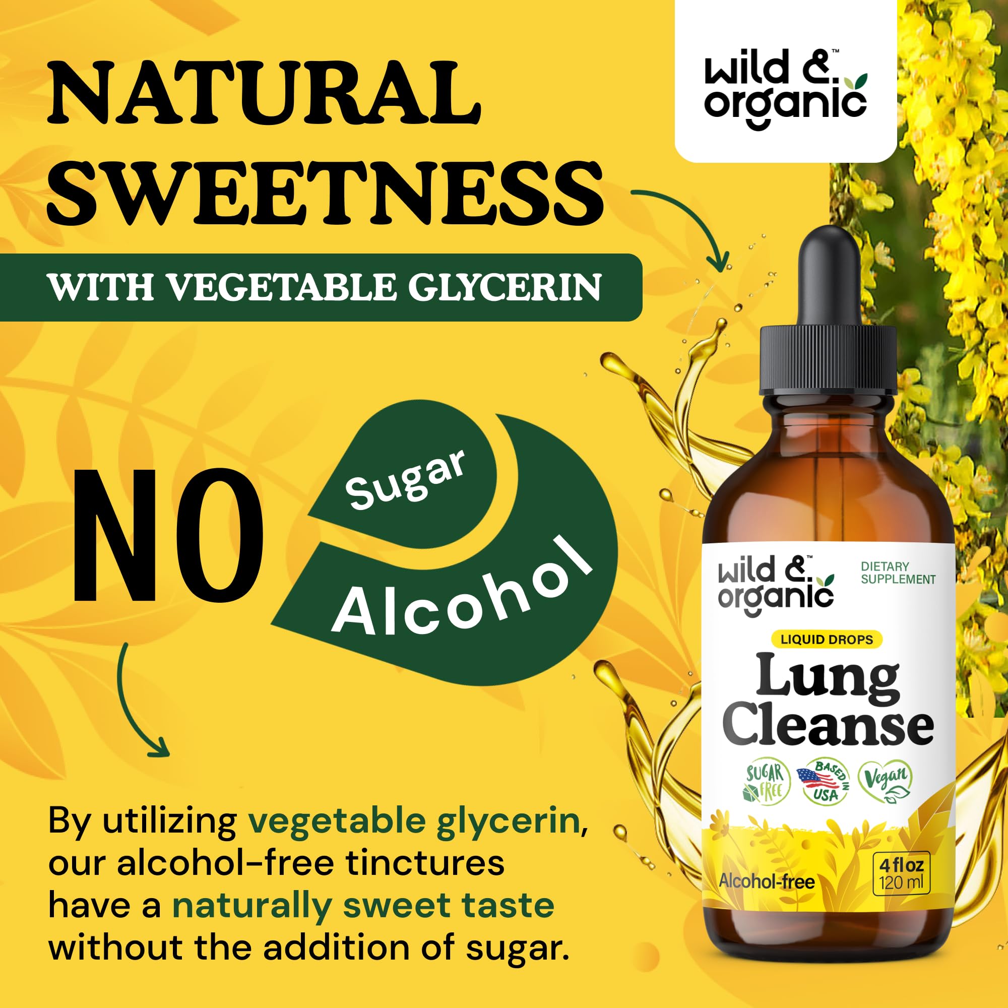 Amber glass bottle of Wild & Organic tincture on a wooden surface.