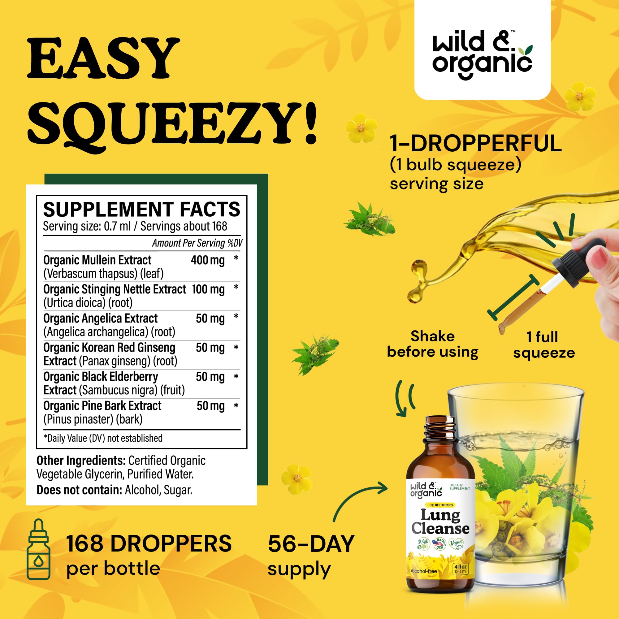 Vegan, GMO-free label highlights clean herbal formula for the lung drops.