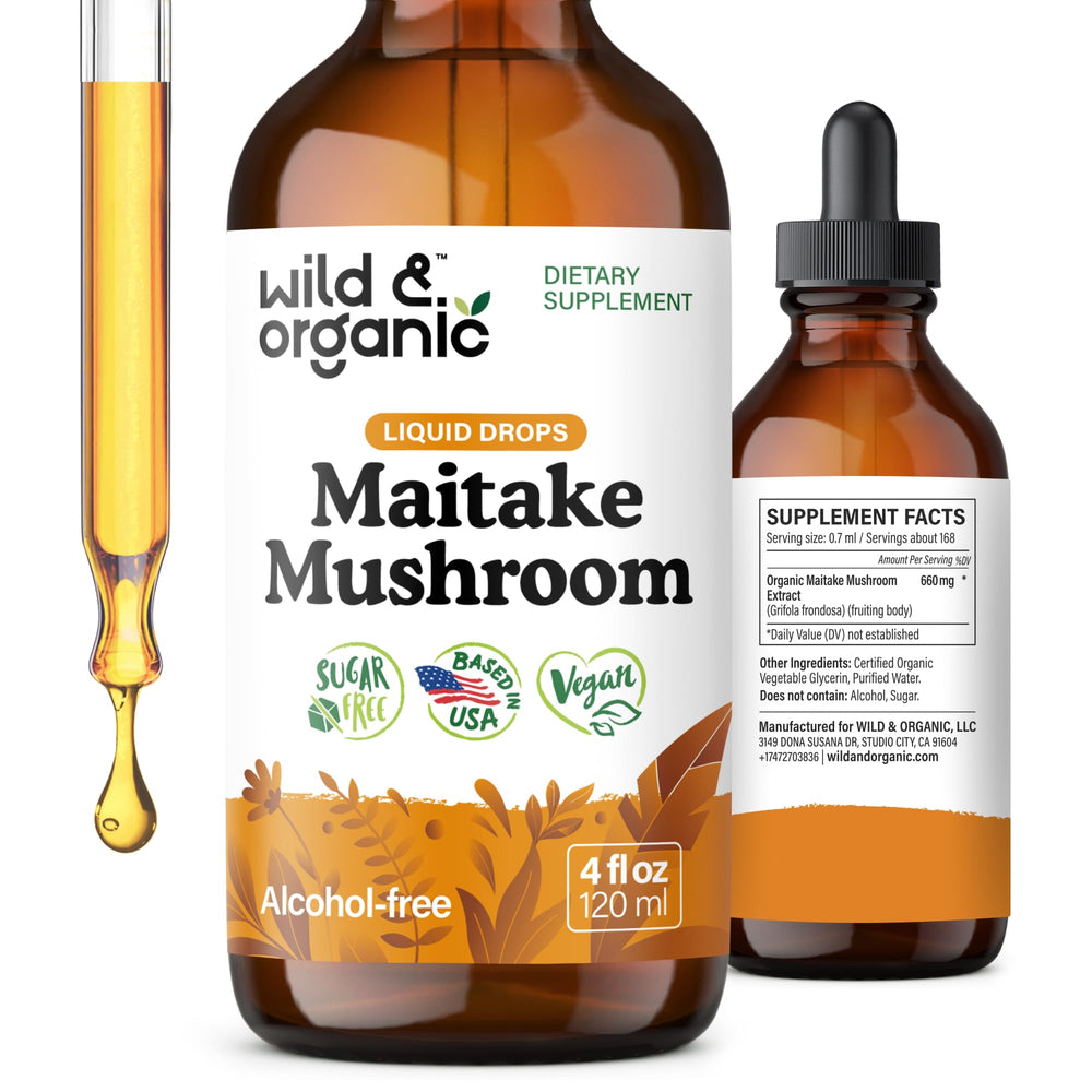 Wild & Organic Maitake tincture bottle for daily wellness.