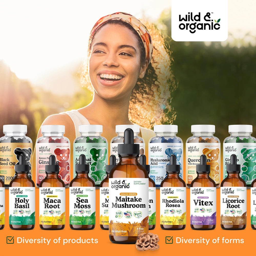 Daily-use bottle of Wild & Organic Maitake tincture supports routine.