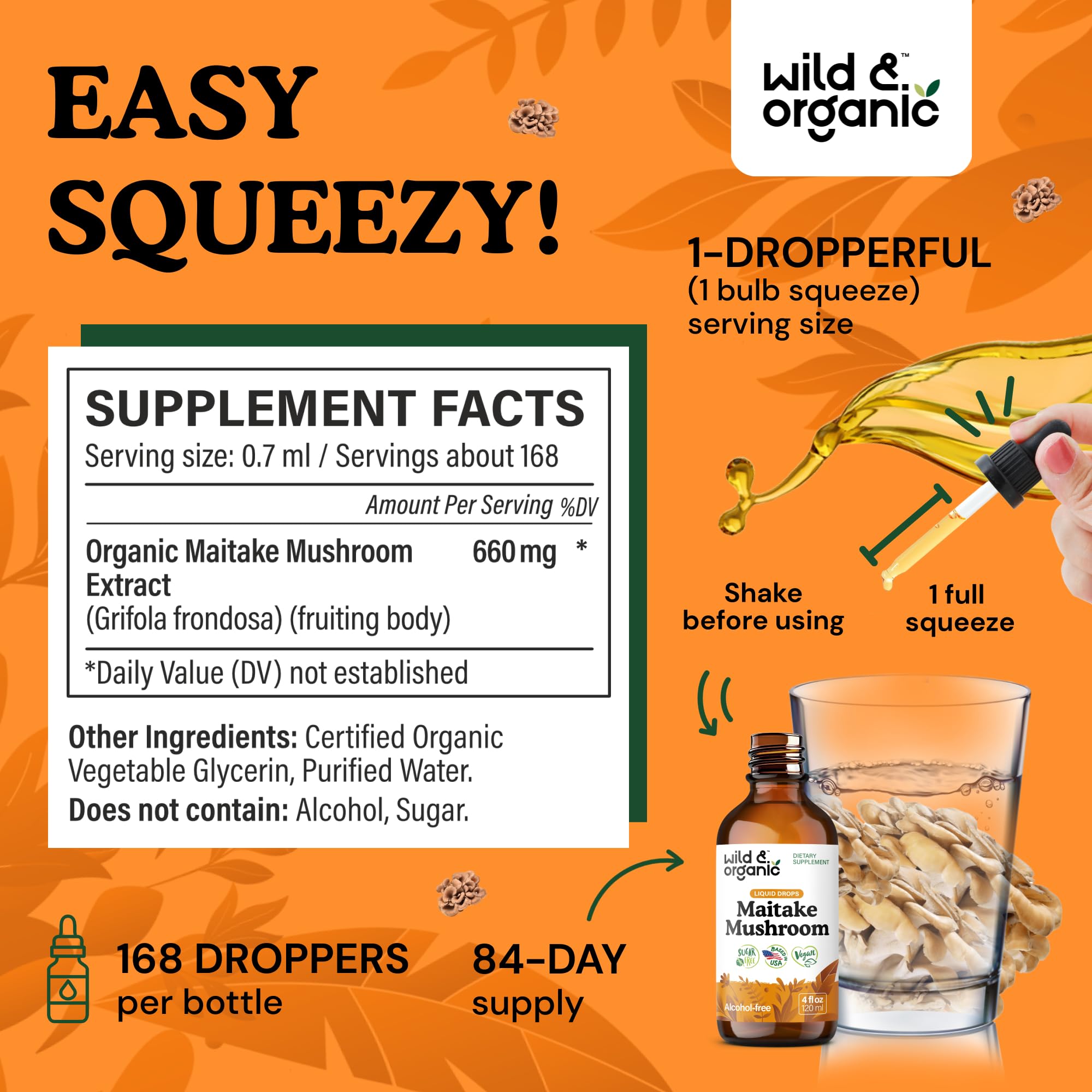 Wild & Organic Maitake tincture drops for easy, vegan dosing.