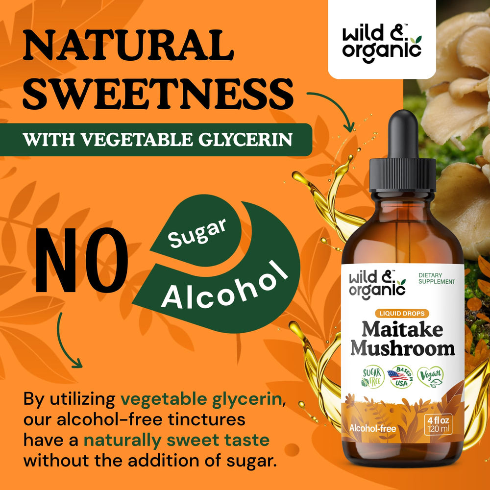 Wild & Organic Maitake tincture ingredients panel shows vegan, GMO-free formulation.