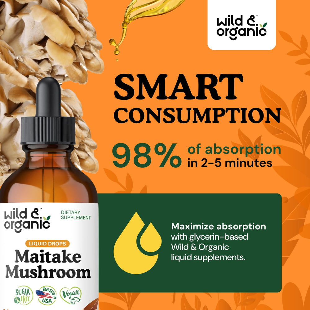 Close-up of Wild & Organic Maitake tincture label showing vegan formula.