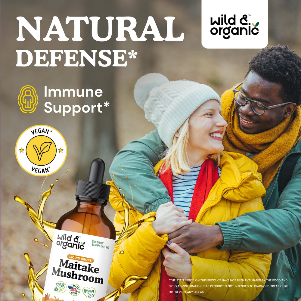 Pouring Wild & Organic Maitake tincture emphasizes alcohol-free drops.